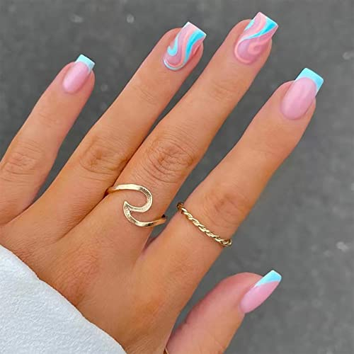 24 Pcs Swirl Fake Nails Medium, Blue and Pink Press on Nails for Women, Ballerina Stick on Nails with Wavy Patterns, Coffin Acrylic False Nails with Adhesive Tabs for Nail Art Decoration
