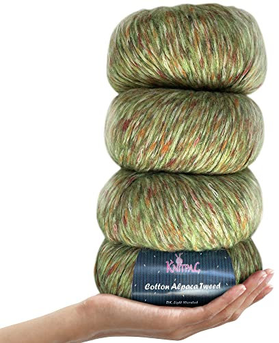 KnitPal Baumwoll-Alpaka-Tweed-Garn zum Häkeln, 20% Alpaka, 60% Baumwolle, 20% Polyamid. Alpakawolle, Baumwollmischgarn, Stricken, buntes Garn, DK-Garn mit Gewicht 3, 4 Knäuel, 200 g, Mintgrün