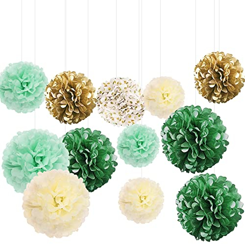 12 Stück Seidenpapier Pompons Deko, für Hochzeits Dekorationen, Set, Babypartys, Geburtstage, Brautpartys, Junggesellinnenabschied,(Grün, Green Ivory)