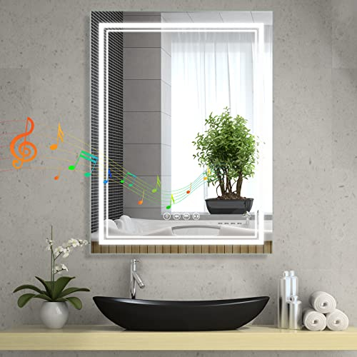 Sanitemodar LED Badspiegel mit Bluetooth 50x70cm, Badezimmerspiegel mit Beleuchtung Beschlagfrei, Wandspiegel mit Dreifarbigen Lichtern, Touchschalter