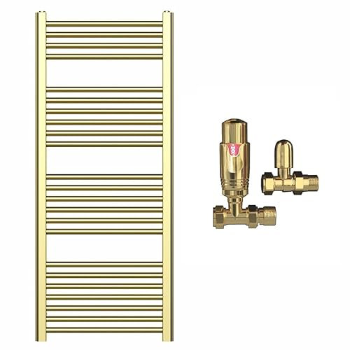 500mm Wide Shiny Gold Heated Bathroom Towel Rail Radiator With Valves For Central Heating UK (With TRV Valves, 500 x 1200 mm (h))