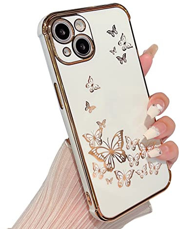 ZTOFERA Case for iPhone 13, Plating Butterfly Pattern Case with Electroplate Golden Edging, Flexible TPU Protective Shockproof Bumper Cover for iPhone 13 6.1 - White