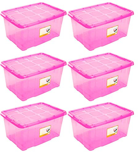 Acan Tradineur Lot de 6 boîtes de rangement en plastique pour livres, vêtements, couvertures - N° 18 (Rose) - 45 x 61,5 x 29,7 cm - 60 L