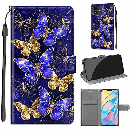 TOMYOU PU Leather Wallet Case for iPhone 12/12 Pro, Butterfly | Pouch Design, Book Flip Folio, Magnet Closure, Kickstand, Card Slots, Wrist Strap Lanyard, Pattern Style