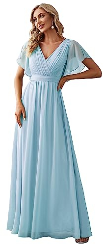 Ever-Pretty Robe Demoiselle d'honneur Femme Longue Col V Mousseline A Line Manches Courtes Plissé Chic Bleu Ciel 36