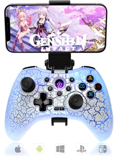 Joso Game Controller for PC, Android, iOS with Phone Holder, Wireless Controllers for Nintendo Switch, PS4, PS3, with Vibration, Motion, Turbo, Back Buttons, Cracked Design and LED Ligh, Direct Play