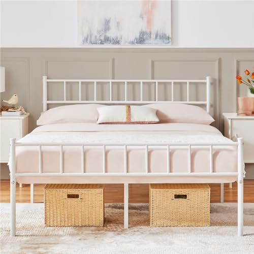 Yaheetech Marco de Cama para Colchón de 140x200cm Cama Matrimonio con Patas 32cm Cama de Metal con Espacio Bajo de Almacenamiento Blanco