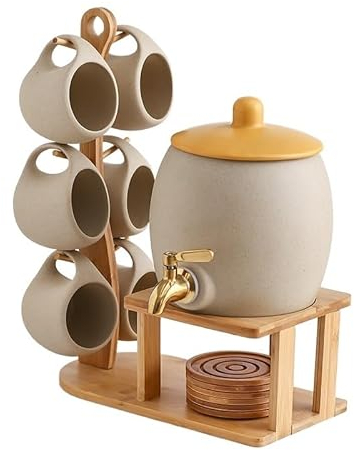 Pichet d’eau en verre Ensemble de tasses de cruche d'eau froide en céramique créative avec robinet pot de boisson de jus de cruche d'eau froide domestique résistant aux hautes températures Bouilloire