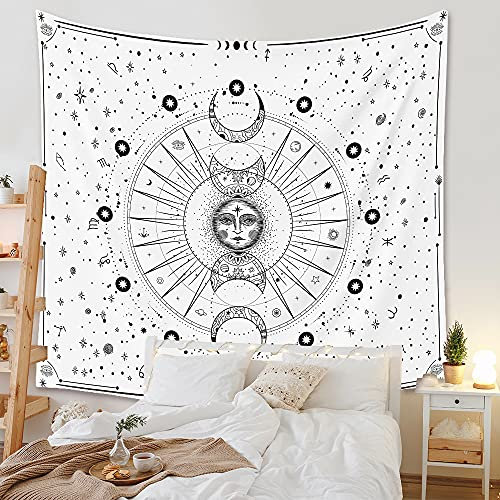Arawat Wandteppich Mondphasen Wandtuch Weiß Wandteppich Mond Wanddeko Psychedelic Teppich Gothic Wandteppiche Tapestry Trippy Wandtuch Wandbehang Wand Deko (150 x 200cm)