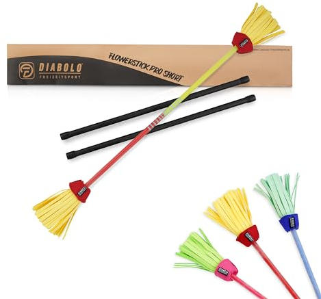 Diabolo Freizeitsport Flowerstick Pro Short (gelb-rot) - kurzer Flowerstick aus Fiberglas inkl. 2 Handstäben, UV reaktiv, handbemalt, Festival-Hingucker, ideal für Fortgeschrittene & Profis