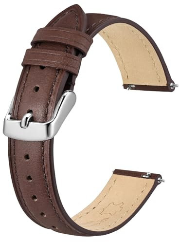 BISONSTRAP Elegante Leder Uhrenarmband, Schnellverschluss, Uhrenarmbänder für Damen und Herren, Kompatibel mit Uhrenanstößen von 15mm, Dunkelbraun (Silberne Schnalle)