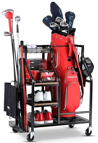 FHXZH Golf Bags Storage Garage Organizer Golf Bag Stand for Golf Bags, Clubs, Balls, Golf Equipment Accessories, Golf Bag Storage Rack with Wheels for Garage, Club, Basement (1 Golf Bag Organizer)