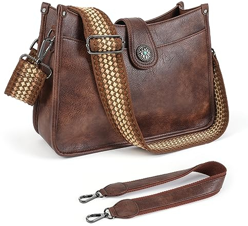 APHISON Umhängetasche Damen Handtasche Mittelgroß braune Crossbody Bag mit Breiter Gurt Hobo Bag Schultertasche veganem Leder Tasche 2 Schulterriemen Kartenschlitz Reisetasche