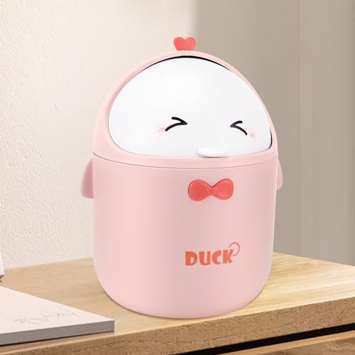 Rubessia Mini Poubelle De Bureau Avec Couvercle, Poubelle de Style Dessin Animé Mignon Portable, Petite Poubelle de Table, pour Chambre, Salle de Bain, Salon, Cuisine 19×12cm (Rose)