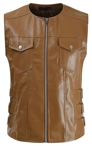 Caxndycing Men's Biker Rocker Motorcycle Club Vest for Men Casual Leisure Vest Biker Vest Motorcycle Vest with Zip Men's Motorcycle Vest Slim Fit Chopper Vest, brown, XL