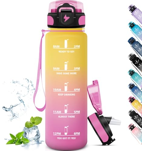 Grsta Gourde, Gourde Sport Anti-Fuite, Gourde avec Paille Adulte, Facile à Transporter, Gourde Randonnée avec Marqueur de Temps, Bouteille Plastique 1l pour Sport, Gym, Bureau, Jaune-Rose