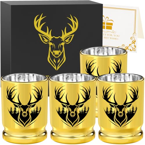 Deer Head Golden Plastic Shot Glasses Bulk Set of 4 with Gift Box for Men Women Wedding Party Birthday Gifts, Stag Hunting Gifts for Hunters, 50 Caliber Bullet Shot Cups for Whiskey Tequila Vodka
