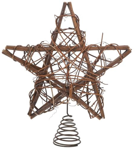 Cabilock Puntale per albero di Natale, marrone, stile vintage, con stella glitterata, in rattan, puntale per albero di Natale, stella morava, fiocco di neve, vite in legno