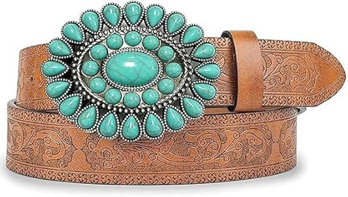 CaySep Damen Western-Türkis-Gürtel, geprägtes PU-Leder, Cowgirl-Gürtel, Applikationen, Jeans, Hosen, Kleider für Rodeo-Country-Konzert, braun, 115cm/For Waist 72cm-99cm