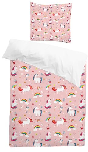 INTOMENG Einhorn Mädchen Bettwäsche Bunt Regenbogen 135x200 Kinder Jugendliche Mädchen Teenager Bringen Sie 1 Kissenbezug 80 X 80 Pink Mikrofaser Bettwäsche 3D Meteor Blume Muster
