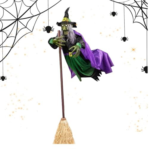Decoraciones Animadas De Halloween para Exteriores, Bruja Voladora Aterradora, Decoración De Halloween De Bruja Voladora De 6 Pies En Escoba, Decoración De Bruja De Halloween Espeluznante Y Realista