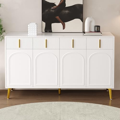 KecDuey Kommode,140x37,8x82cm Sideboard mit goldenen Griffen und Beinen, 4 Türen, 4 Schubladen, mit herausnehmbarem Laminat, geeignet für Wohn- und Esszimmer