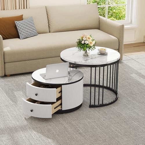 Jaxenor Round Coffee Tables for Living Room, Nest of Tables Set of 2 With 2 Storage Drawers, Small Modern Tea Table Center Table for Bedroom, Office, Balcony, Sturdy Metal Legs (White)