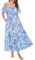 GRACE KARIN Damen Maxikleid Blumenkleid Kurzarm V-Ausschnitt Sommerkleid Elegant Boho Kleid Freizeitkleid Blau-Weiße Blumen XL
