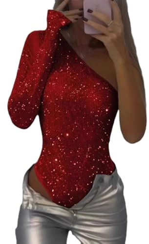One-Shoulder-Pailletten-Body für Damen, schulterfreier Body für Damen, One-Shoulder-Body-Top