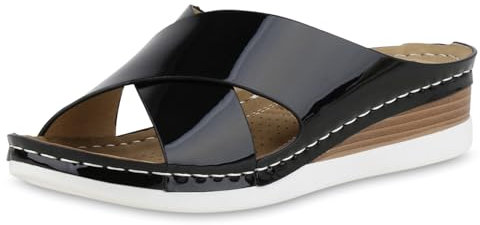 VAN HILL Damen Pantoletten Keilabsatz Lack Bequem Schuhe 217106 Schwarz Lack 38