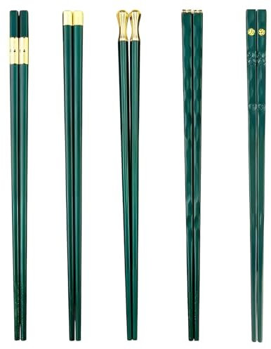 DOETYD 5 Pairs Fiberglass Chopsticks Reusable Fiberglass Chop Sticks Set Non Slip Fancy Dishwasher Safe Easy to Clean Japanese Chinese Korean Chopsticks for Kitchen & Dining Sushi Rice, Green