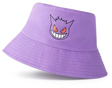 Pokémon Gengar Lila Eimerhut | Klassische Cartoon-Sonnenschutz-Kopfbedeckung | Freizeithut für Herren | Leicht und bequem | Sommer-Fanartikel