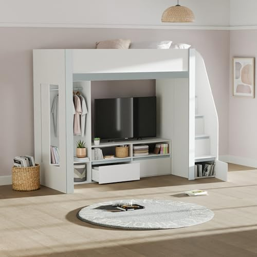 Julian Bowen Gaia High Sleeper TV Bed, Single, White - H178.5 x W95.5cm | Modern Kids Bed with Stairs, TV Space, 90cm/3ft, Space-Saving Bed, Ideal for Smaller Spaces