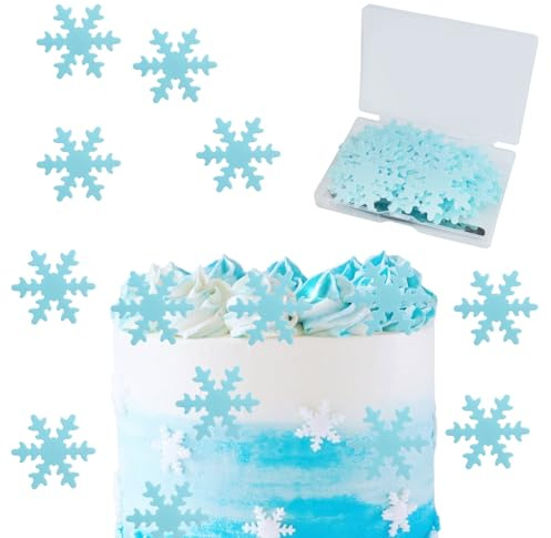 50 Stück Esspapier Schneeflocken Tortendeko und 1 Pinzen,Blau Weiß Schneeflocken Frozen Kuchen Deko Geburtstag,Schneeflocken Deko Torte,Essbare Kuchen Deko