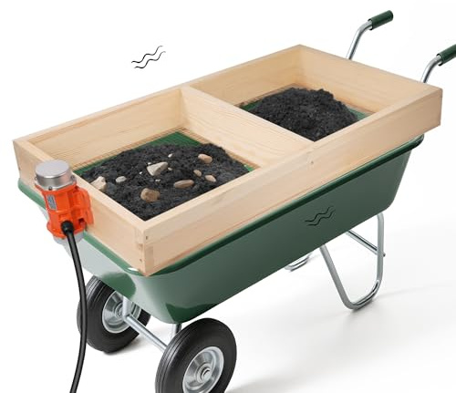 TlEBOLA Bodensieb mit 40 W verstellbarem Vibrationsmotor und Zwei Maschengrößen, 99,1 x 49,5 cm, automatisches Kompostsieb aus Holz für Schmutz, Sand, Zwei integrierte Siebe (1,2 cm und 0,6 cm