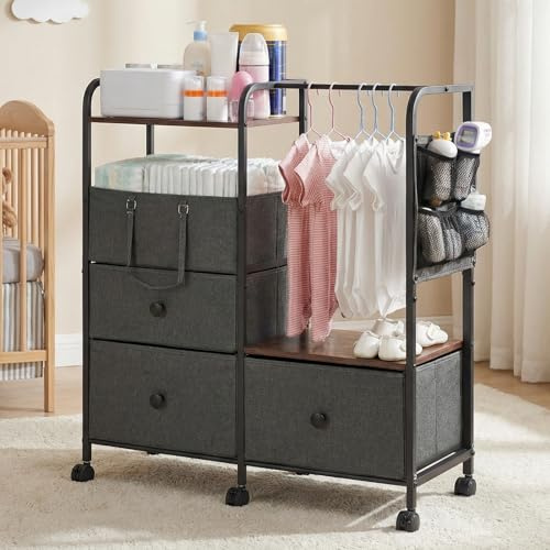 Orzbow Wickeltisch Organizer, 4 Etagiger Wickelkommode Organizer mit Abnehmbare Schubladen, Großes Wickeltisch Rollwagen Fassungsvermögen für Kinderzimmer, Schlafzimmer, Einfache Montage, Metall, Grau