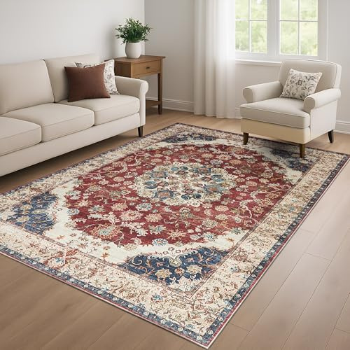 Aspire Homeware Washable Rugs Living Room 80 x 150 cm Vintage Design Gold Red Rug for Dining Room Soft Area Rugs for Bedroom Non Slip Rug for Kids Room Low Pile Plush Carpet, Whisper