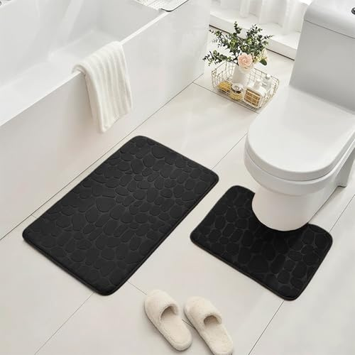 AMFUN 2PCS Tapis de Bain, 50 x 80 cm Tapis de Bain en Mousse à Mémoire de Forme, 40 x 50 cm Tapis de Toilette, Absorbant et Doux Lavable en Machine pour Douche, Salle de Bain (Noir)