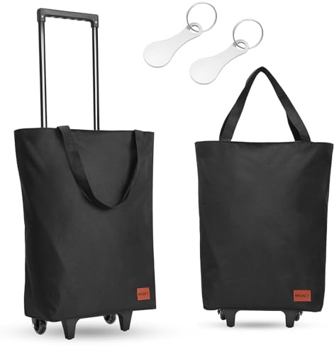MOONCY 2 in 1 Shopping Trolley, 30L Large Folding Shopping Bag on Wheels, Lightweight Foldable Grocery Trolleys for Camping Traveling and Laundry, Black
