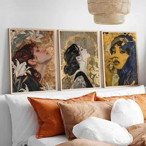 GKUVBF Poster „Frau mit Lilien“ – Lilien in Gold – Rothaarige Frau mit Lilie – Leinwanddruck – Wandbild für Wohnzimmer (60 x 80 cm / 3-teilig, rahmenlos)