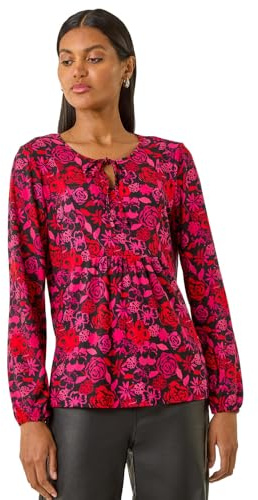 Roman Originals Printed Shirred Tie Neck Top for Women UK - Ladies Everyday Autumn Winter Round Neckline Comfy Soft Evening Vacation Work Party Night Out