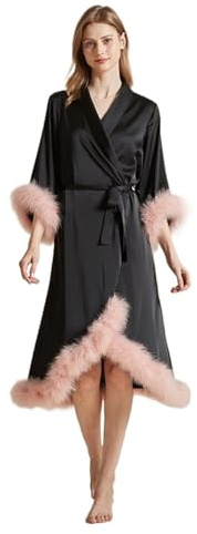 ROSEEONNE Robe With Feather Trim Satin Bell Sleeves Wedding Dressing Gown Long Loose Stylish Sexy Sleepwear Dressing Robes(Black-pink)