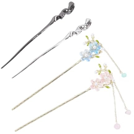 4 Pcs Bastoncini Per Capelli In Metallo, Bastoncini Per Capelli Cinesi, Forcine Grandi Eleganti E Retrò, Forcine Con Nappe A Forma Di Fiore(Rosa, Blu, Nero, Argento)