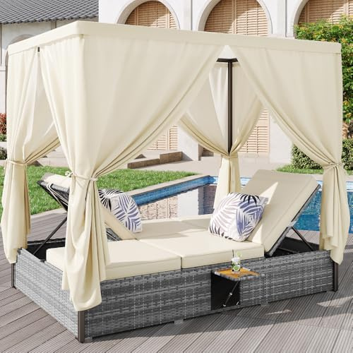 Chaise longue de jardin lit double avec rideau d'ombrage, chaise longue en rotin, mobilier d'extérieur pour salon, balcon et jardin, résistant aux intempéries, pliable, avec coussin et table pliante
