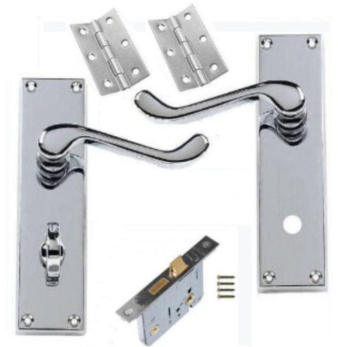 Golden Grace Victorian Scroll Bathroom Door Handles Lock Pack in Polished Chrome Finish with 64mm Bathroom Lock & 3 Hinges
