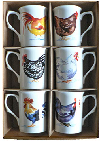 Chicken Bone China Mugs - Set of 6 Gift Boxed 10oz China Mugs Each Different Chicken cockerel Rooster Hen