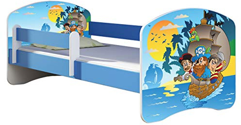 ACMA Kinderbett Jugendbett mit Einer Schublade und Matratze Blau mit Rausfallschutz Lattenrost II 140x70 160x80 180x80 (21 Piraten, 140x70)
