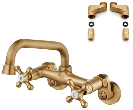 Airuida Antique Brass Tap for Kitchen Sink Wall Mounted Faucet 6 Inch(15cm) Spout Reach Adjustable Center Double Cross Handles 3 Inch to 9 Inch Hot and Cold Water Mixer Tap 360 Rotatable Faucet