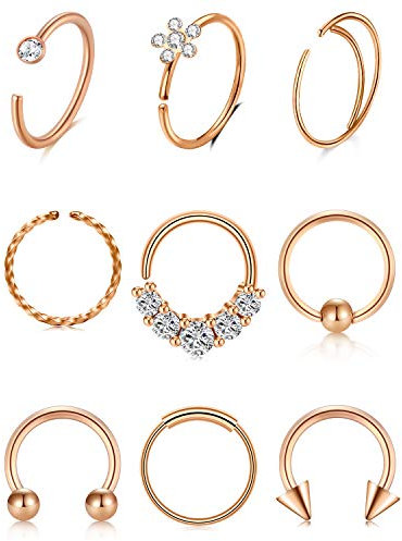 Funseedrr 9pcs Anneau de Nez Cerceau Acier Chirurgical 20G 8mm Mince Piercing Nez Faux Septum Hoop Fer à Cheval Diamant CZ Piercing Bijoux Argent Or Rose