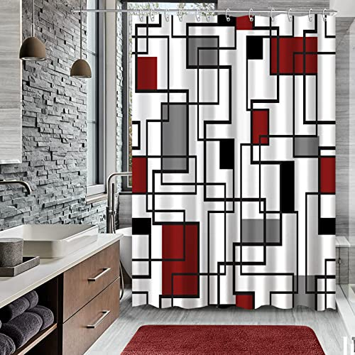 loyapobo Duschvorhang in Rot und Schwarz, Grau und Weiß, Duschvorhänge für Badezimmer, Mitte des Jahrhunderts, modern, abstrakt, geometrisch, mit Haken, 183 x 183 cm